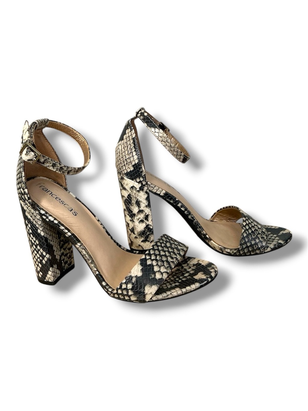 Francescaโs snake print embossed ankle strap heels